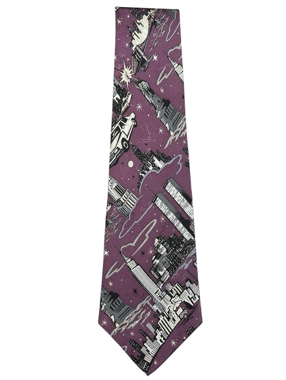 Nicole Miller Purple Silk Tie with Black/ White New York City Skyline 2001